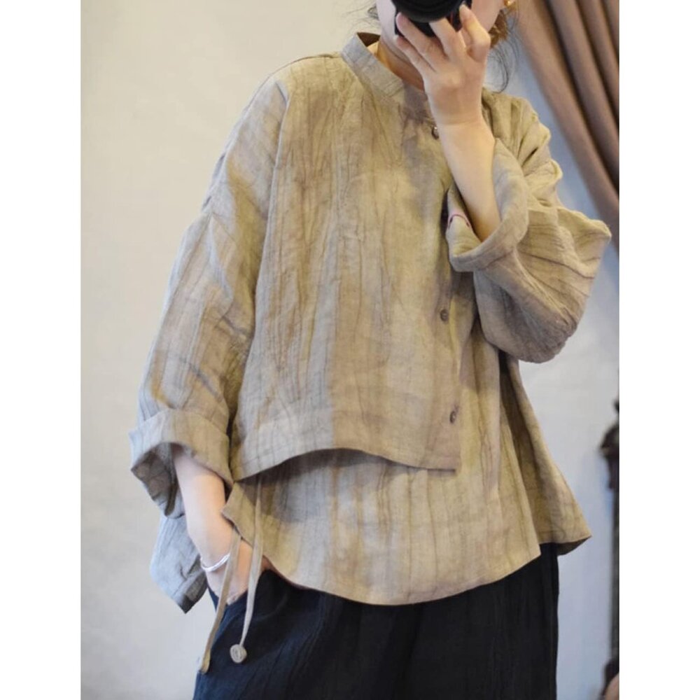 Women's Linen Asymmetrical Shirt Top Irregular Hem Tie Retro Stand Collar Button - Picture 3 of 9